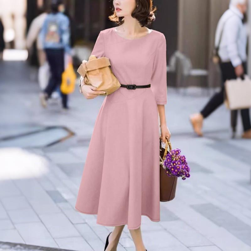 ZANZEA Abito casual da donna a maniche 3/4 e girocollo a tinta unita