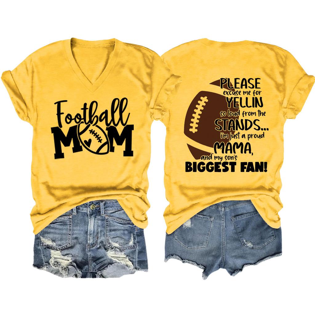 Summer new Vneck Tshirt Football Mom print loose casual shortsleeved top ladies all fashion pullover