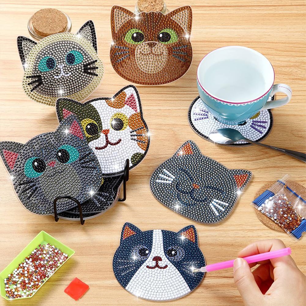 TUDOUZZZ Diamond Art Coasters, DIY 5D Diamond Painting Coasters, 10-Piece Set with Holder, Diamond Craft, Cute Craft Kit, Art Craft Supplies for