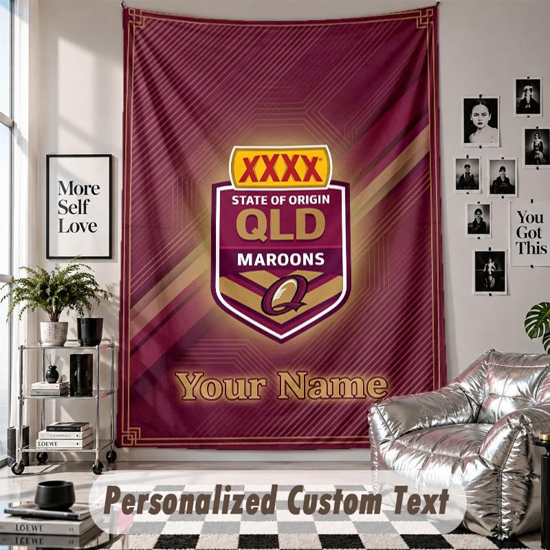Wall Hanging Tapestry With Custom Name & Text, Queensland Maroons Decorative Tapestry For Bedroom