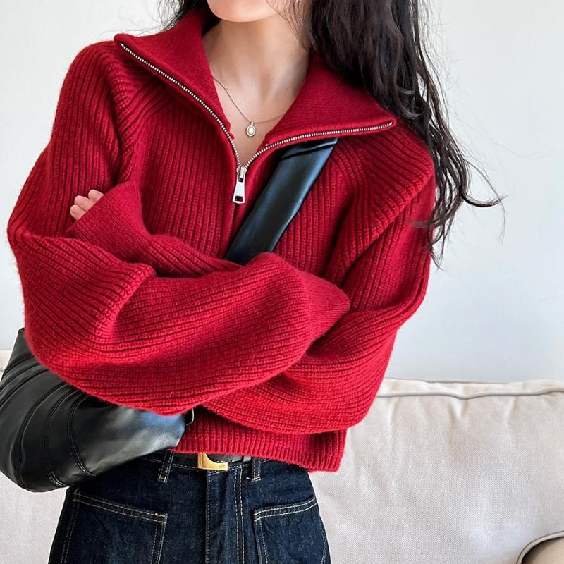 Пуловеры для женщин с отложным воротником на молнии повседневный свитер осень-зима новые модные терможенские джемперы с длинным рукавом XL красный