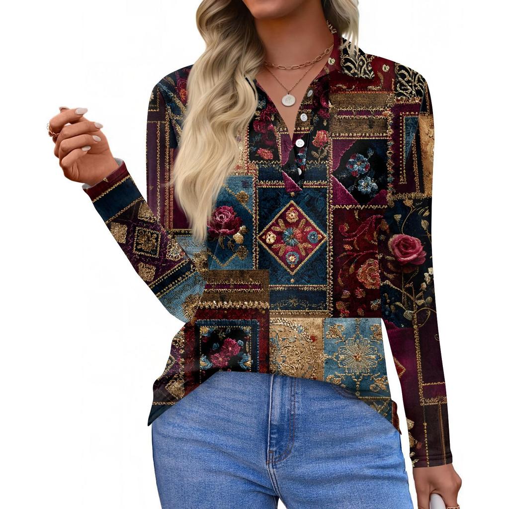 Women's Fashion Casual Lapel Short Long Sleeve Print Shirt Women's Button Up Tops