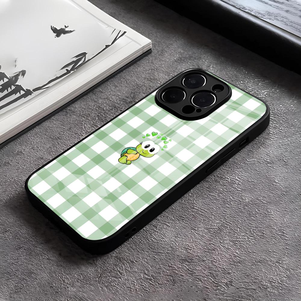 

Милый зелено-белый клетчатый чехол для телефона с животными для iPhone 17 15 Pro Max 12 16 14 Plus 11 13 Pro X XR XS 7 8 Plus SE Стеклянная крышка iPhone15 Plus