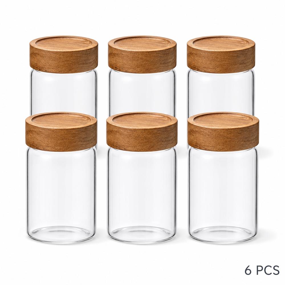 Glas-Lebensmittelaufbewahrungsgläser mit Schraubverschluss, luftdicht, Akazienholzdeckel, Gewürzgläser mit Deckeln, Organisation für Gläser, Flaschen, Behälter