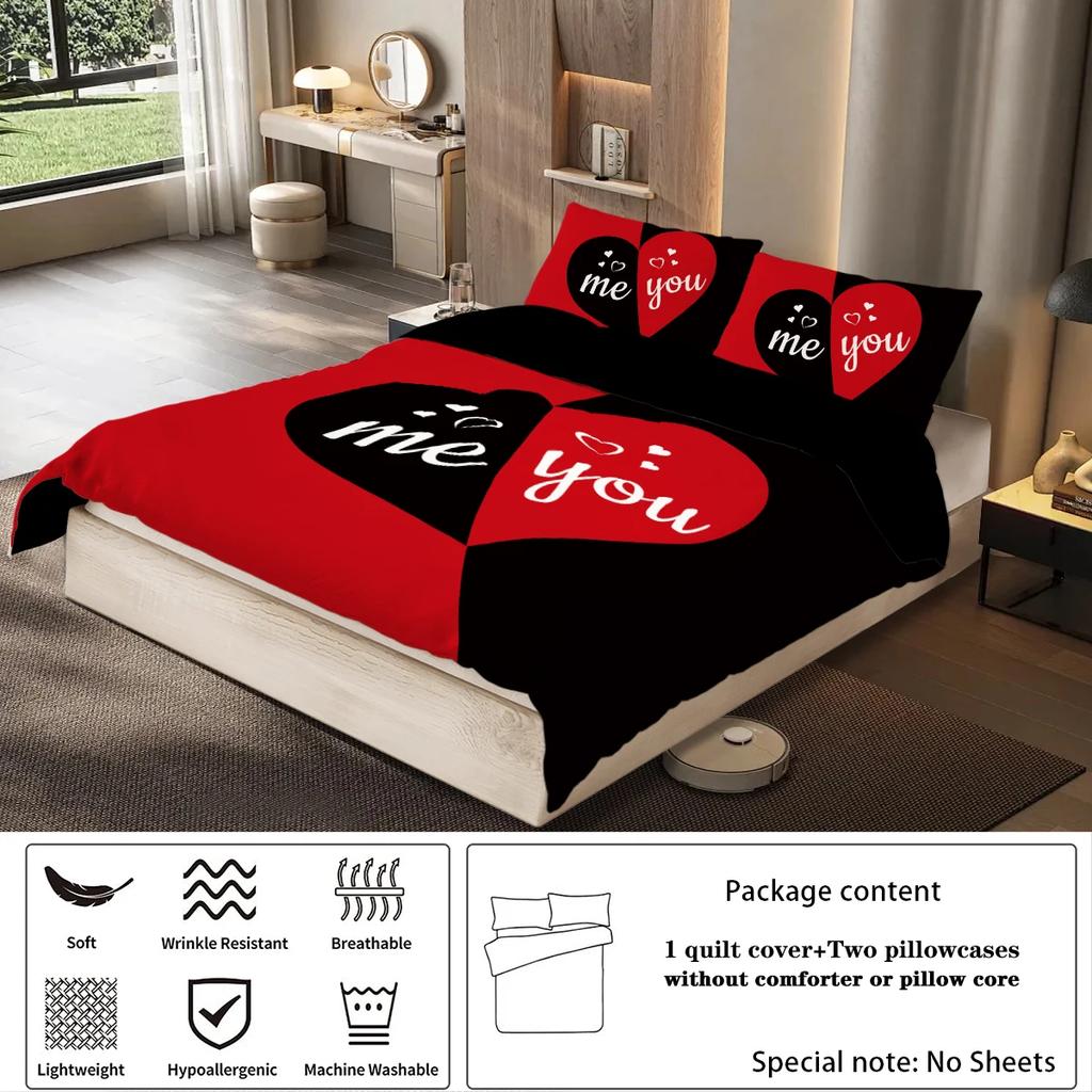 Juego de 3 piezas, juego de cama estampado con patrón de letras ME y YOU en rojo y negro, para dormitorio, hoteles, queen, king, cama doble