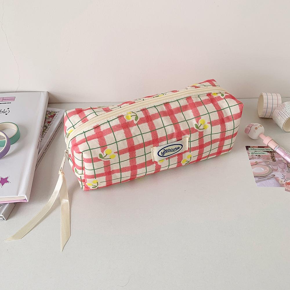 Portable Plaid Cloth Pencil Case Large Capacity Multi-Purpose Stationary Storage Bag Pencil Bag