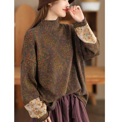 Herbst und Frühling Damen Pullover Mock Neck Artikel Rollkante Langarm Oberteil Patchwork-Druck Floral Gestrickte Baumwolle Damenpullover