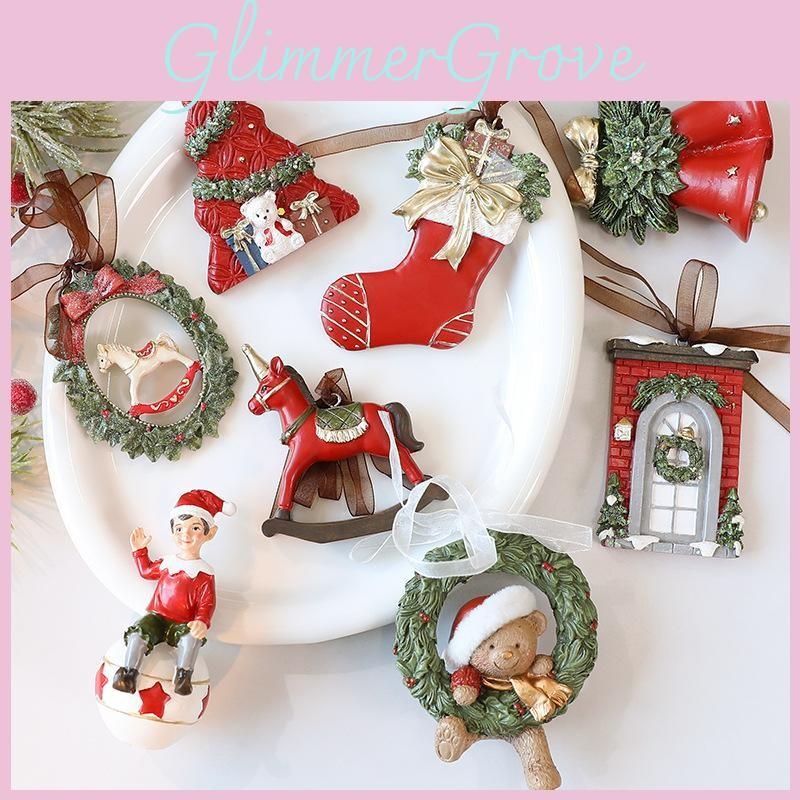 Tree Christmas Ornament Resin Vintage Bell Bow Wreath Christmas Pendant Stocking