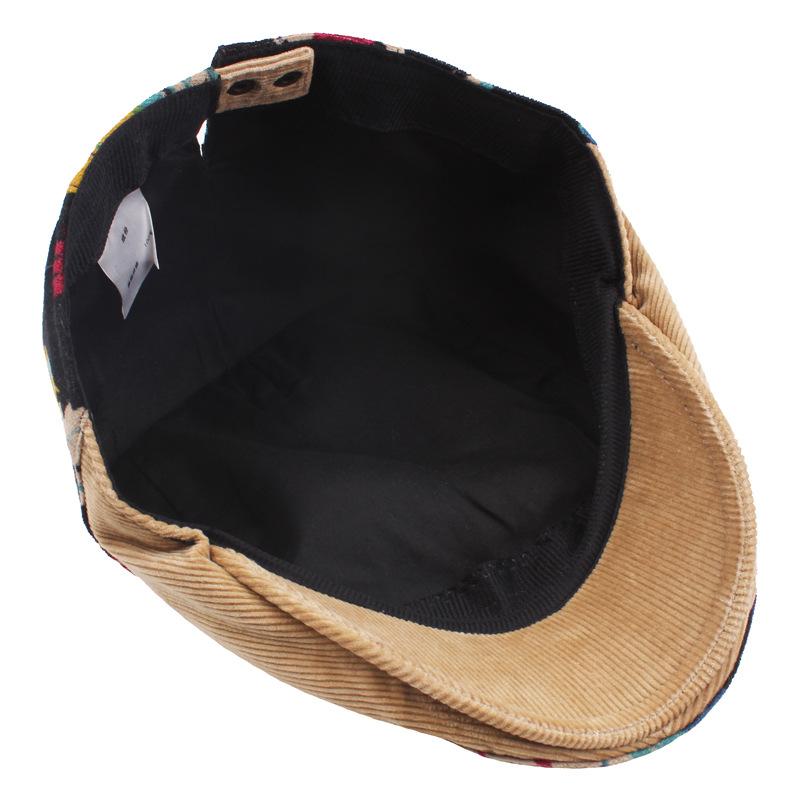 Ladies Big Flower Ethnic Wind Forward Cap Flannel Corduroy Splicing Beret Short Brim Casual Vintage Cap