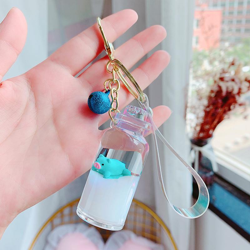 Lovely Floating Pig In Milk Acrylic Keychain With Stylish Bell Great For Gifts