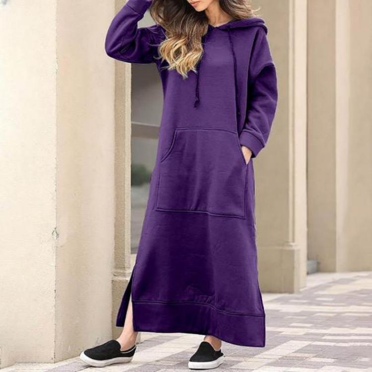 Women Sweatshirt Dress Hooded Solid Color Long Sleeve Front Drawstring Autumn Winter