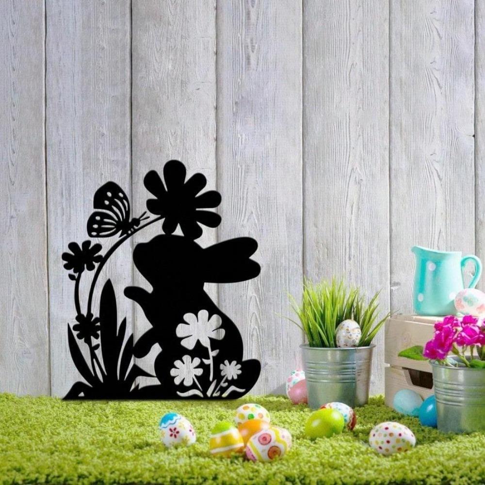2PCS Metal Rabbit Garden Stakes with Flower Butterfly Decor 30x29