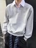 Men's White & Grey Striped Fake Two-Piece V-Neck POLO Hoodie, Autumn College Style, Boxy Short Wide Fit, Long Sleeve