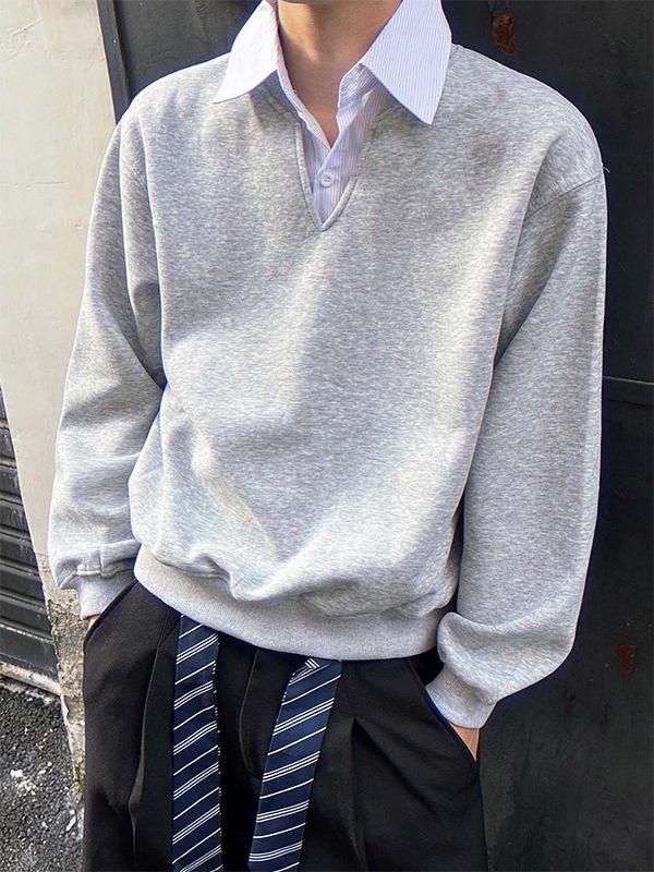 Men's White & Grey Striped Fake Two-Piece V-Neck POLO Hoodie, Autumn College Style, Boxy Short Wide Fit, Long Sleeve