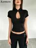 Dark Style Sexy Slim Fit Waterdrop Neck Short Sleeve T-Shirt for Women with Cutout Design Casual Top