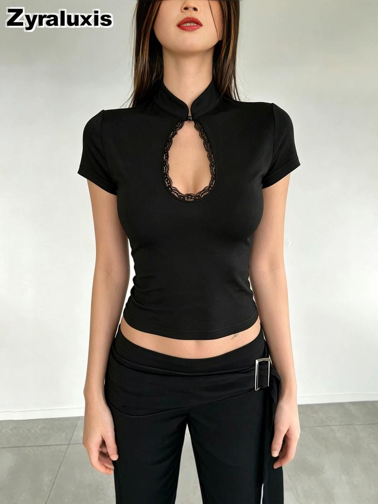 Dark Style Sexy Slim Fit Waterdrop Neck Short Sleeve T-Shirt for Women with Cutout Design Casual Top