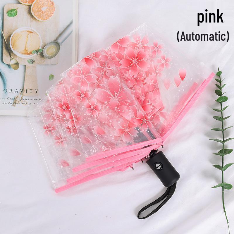 Cherry Blossom Transparent Automatic Umbrella - Soft Girl Three-Fold Design
