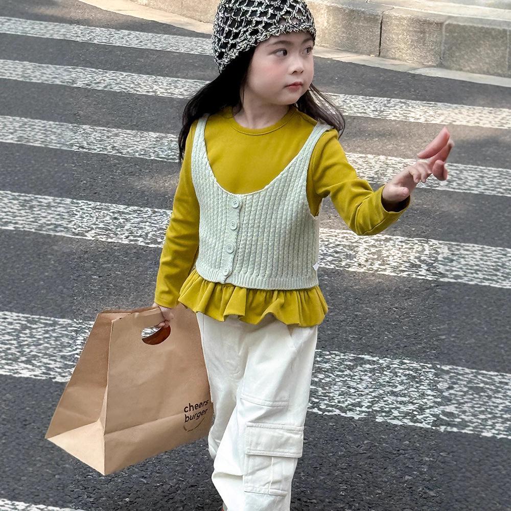

Топ для девочек с вязаными длинными рукавами и оборкой по низу - Корейский стиль, Осень 2025 150 cm жёлтый