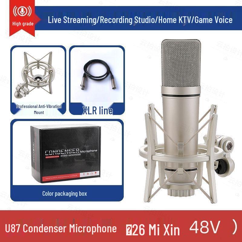 Professional U87 Large Diaphragm Condenser Microphone Set with Sound Card for Live Streaming and Singing