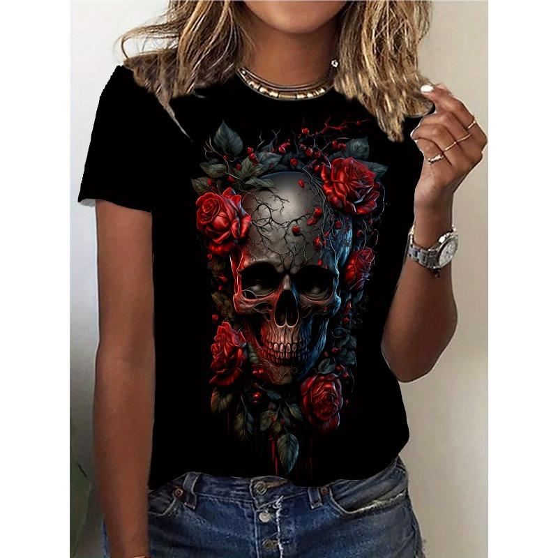 Dámské tričko s potiskem lebky a růže - Pohodlné s krátkým rukávem a kulatým výstřihem, Módní design vzoru, 3D potisk - Ideální pro jarní a podzimní neformální nošení