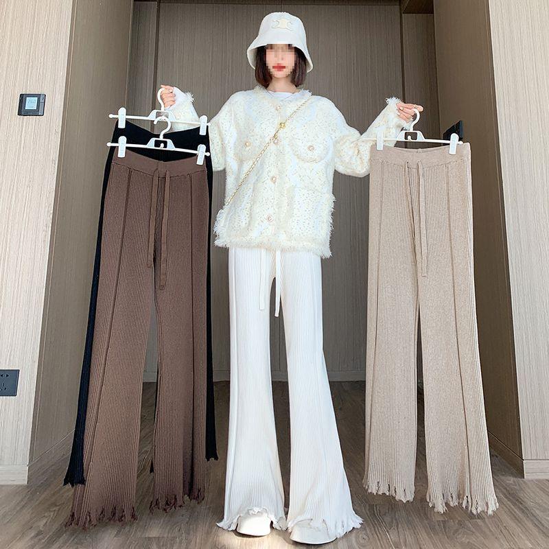 Women's High Waist Micro Flare Tassel Drape Knit Pants - Coffee Color