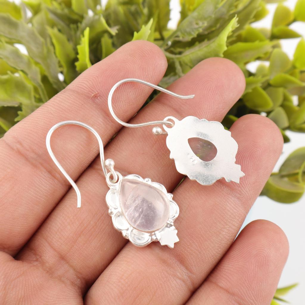 Rosenquarz Handgefertigte Edelstein-Ohrringe, 925 Sterlingsilber-Ohrringe, Einzigartiges Design Schmuck-Ohrringe für Frauen