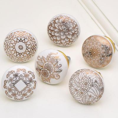 6 Pack Round Floral Ceramic Decorative Gold Drawer Knobs for Kitchen Cabinet Hardware, Vintage Door Dresser Pulls