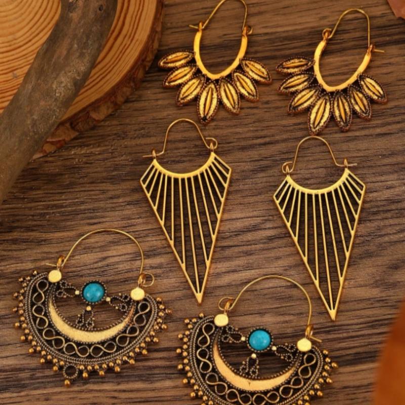 Vintage Boho Hollow Floral Hoop Earrings for Women Geometric Retro Earring Party Jewelry Gifts