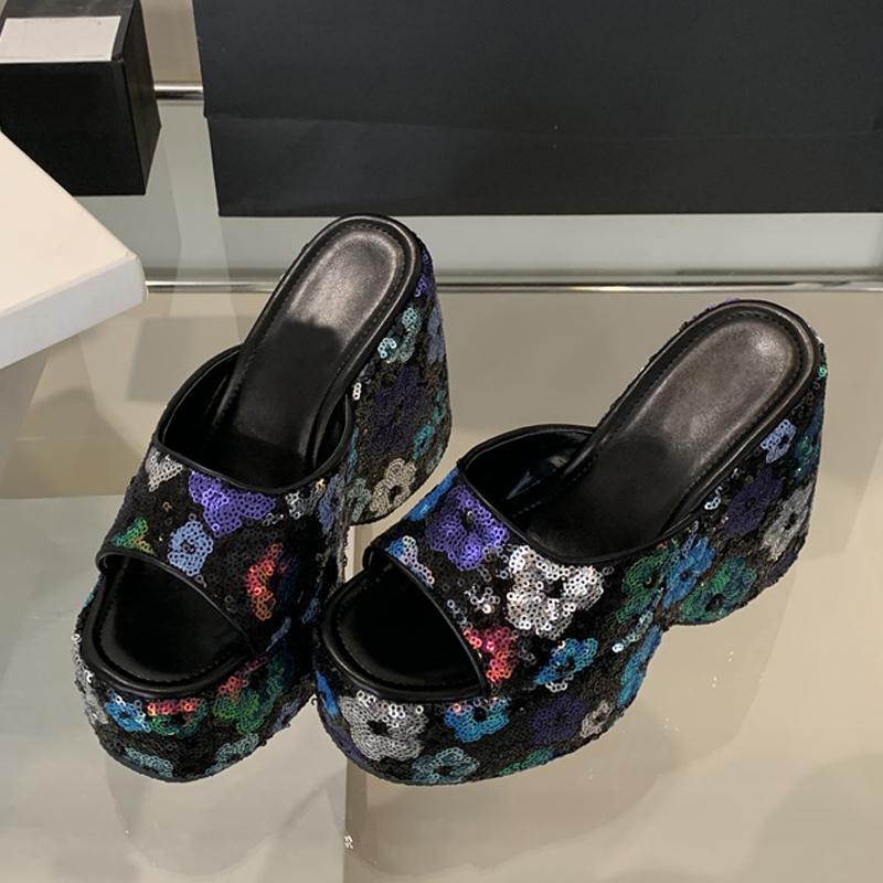 Fashion Women Shoes Sexy 13CM Super High Heels Wedges Slippers for Women Sequined Thick Bottom Open Toe Party Dress Shoe Platform Sandal