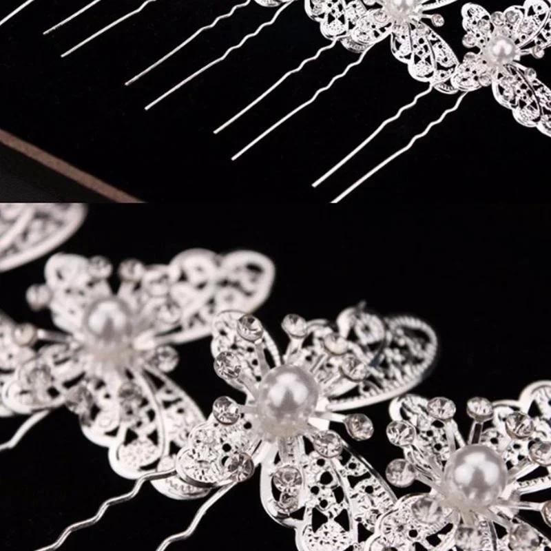 4 Pcs Bridal Butterfly Pearl Hair Fork Jewelry Golden Silver Red White Wedding Dress Costume Headdress U-shaped Accessories