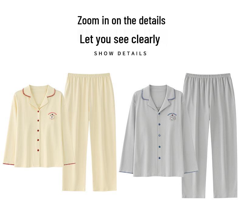 Spring & Autumn Couple's Pajamas - Tencel Lyocell Cotton Cardigan Style, Long Sleeve Casual Home Wear Set for Men & Women