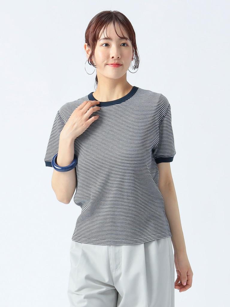 Beams Heart Tee Waffle Striped Pullover Navy One Size S/S Women's