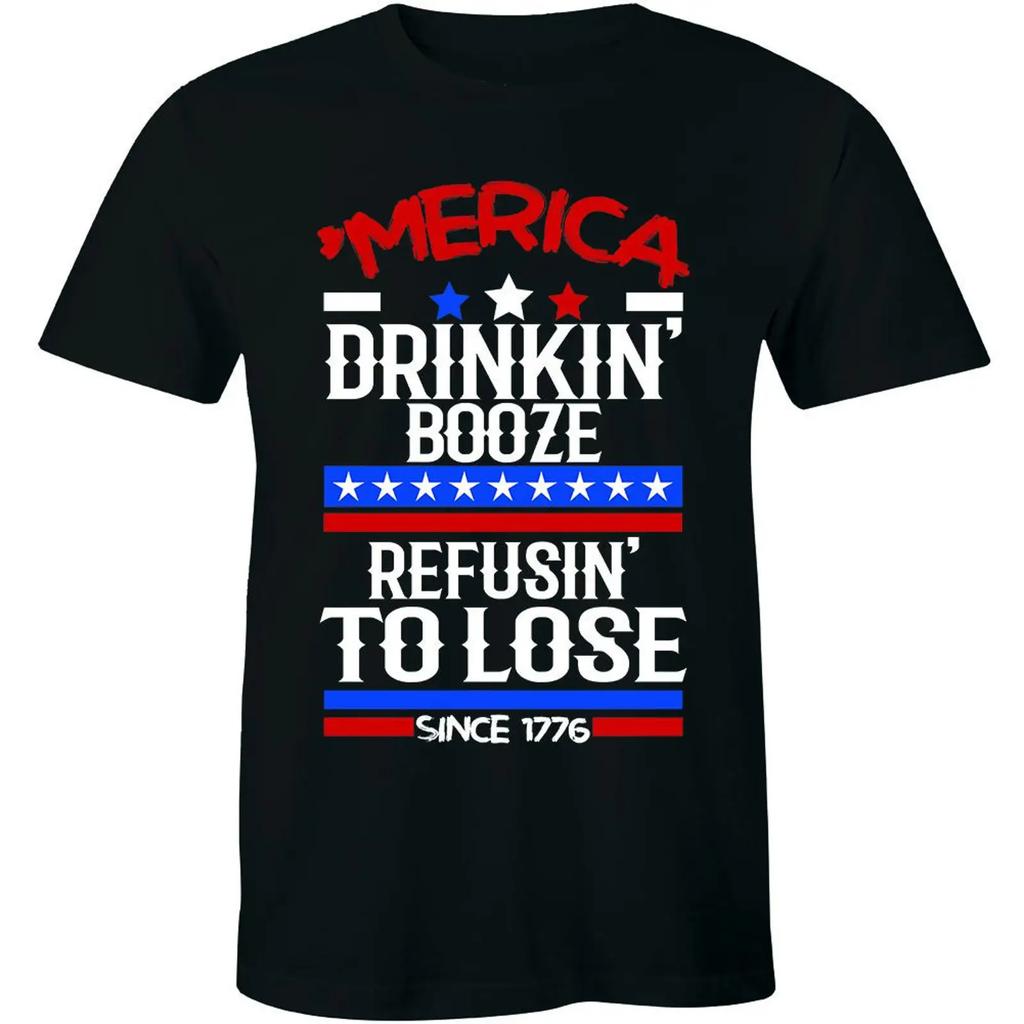 Unisexs Patriotic Funny Merica Drinkin Booze T Shirt 4th July For Unisex Vintage Versatile Slightly Streetwear Breathable