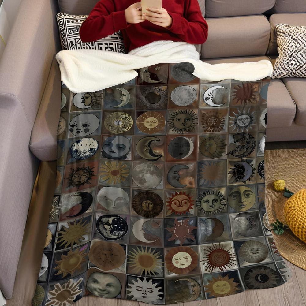 Sun & Moon Tile Flannel Blanket Warm Soft Halloween Christmas Couch Warm Cozy Decorative Decor Gift For All Season