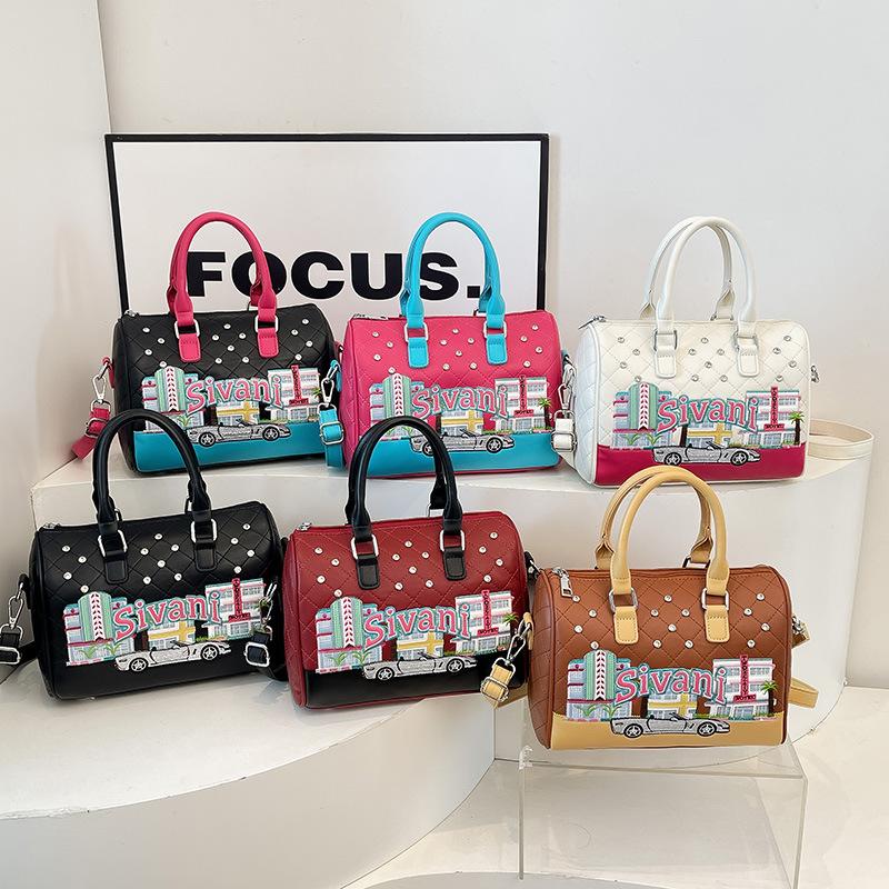 Boston Bag with Embroidery, High-end Single-shoulder Crossbody Bag