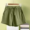Short Pants with Drawstring High Waist Solid Color Double Pockets Thin Linen Wide Leg Women Casual Shorts Outdoor Streetwear