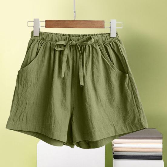 Short Pants with Drawstring High Waist Solid Color Double Pockets Thin Linen Wide Leg Women Casual Shorts Outdoor Streetwear