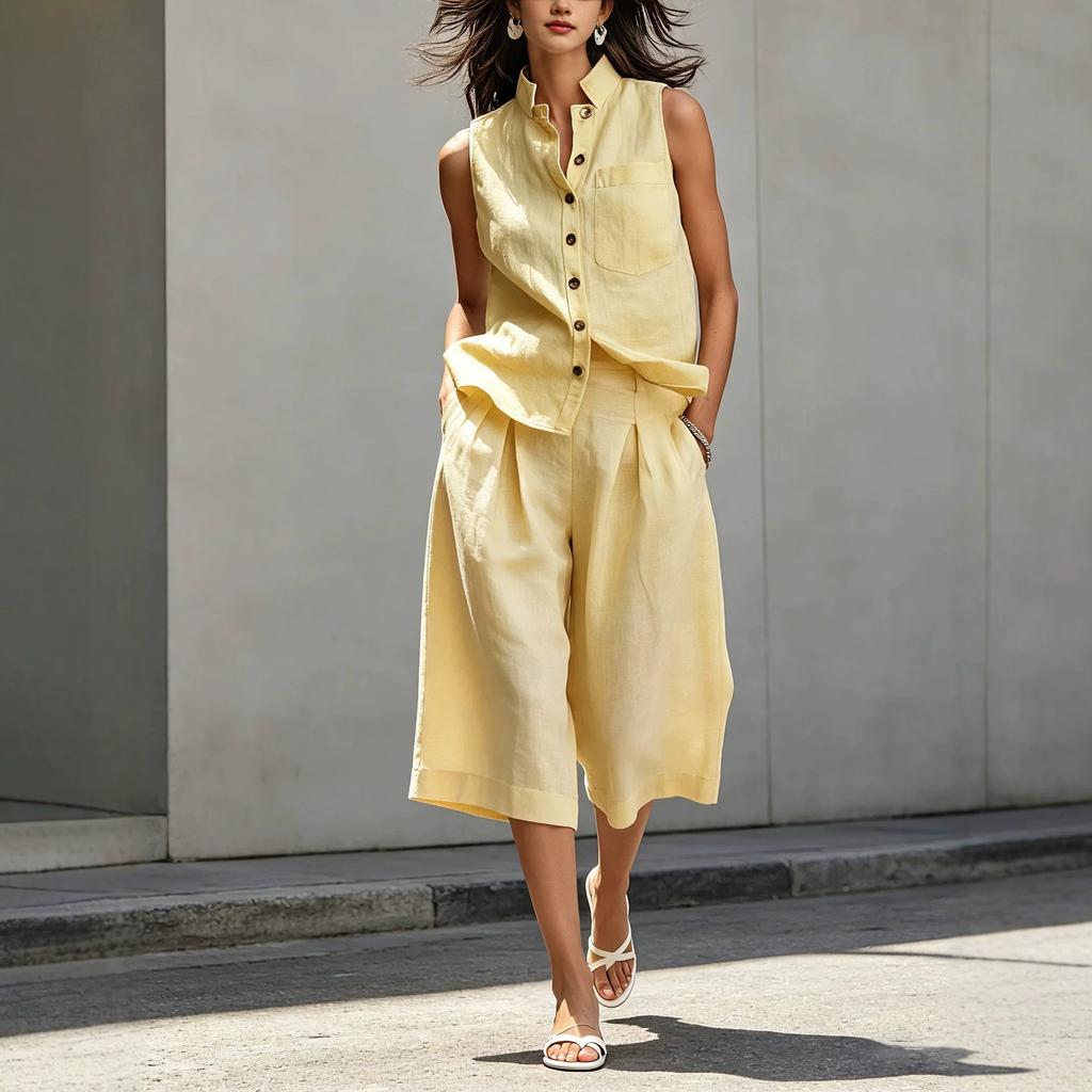 Damen Leinenmischung 2-teiliges ärmelloses Knopfhemd & Culotte Set Lässiges Sommer-Outfit