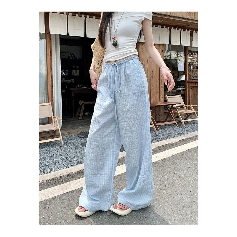 Womens Plaid Drawstring Elastic Waist Wide Leg Pants S