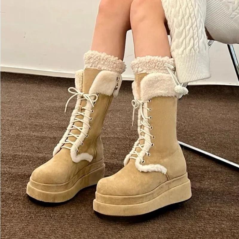 Fashion Shoes for Women 2024 Fashion Lace Up Women's Boots Winter Round Toe Plush Fleece for Warmth Solid High Tube Platform Boots