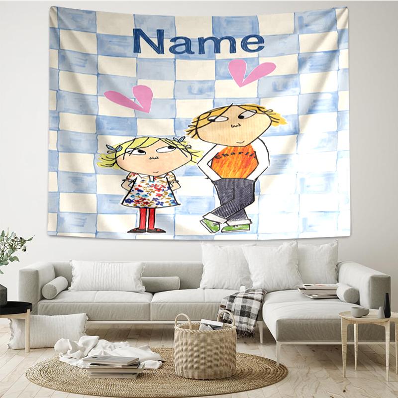 Custom Name Charlie and Lola Print Tapestry, Backdrop, Easy Setup, Ideal for Bedroom, Office & Living Room, with Aesthetic Wall Hanging Decor.