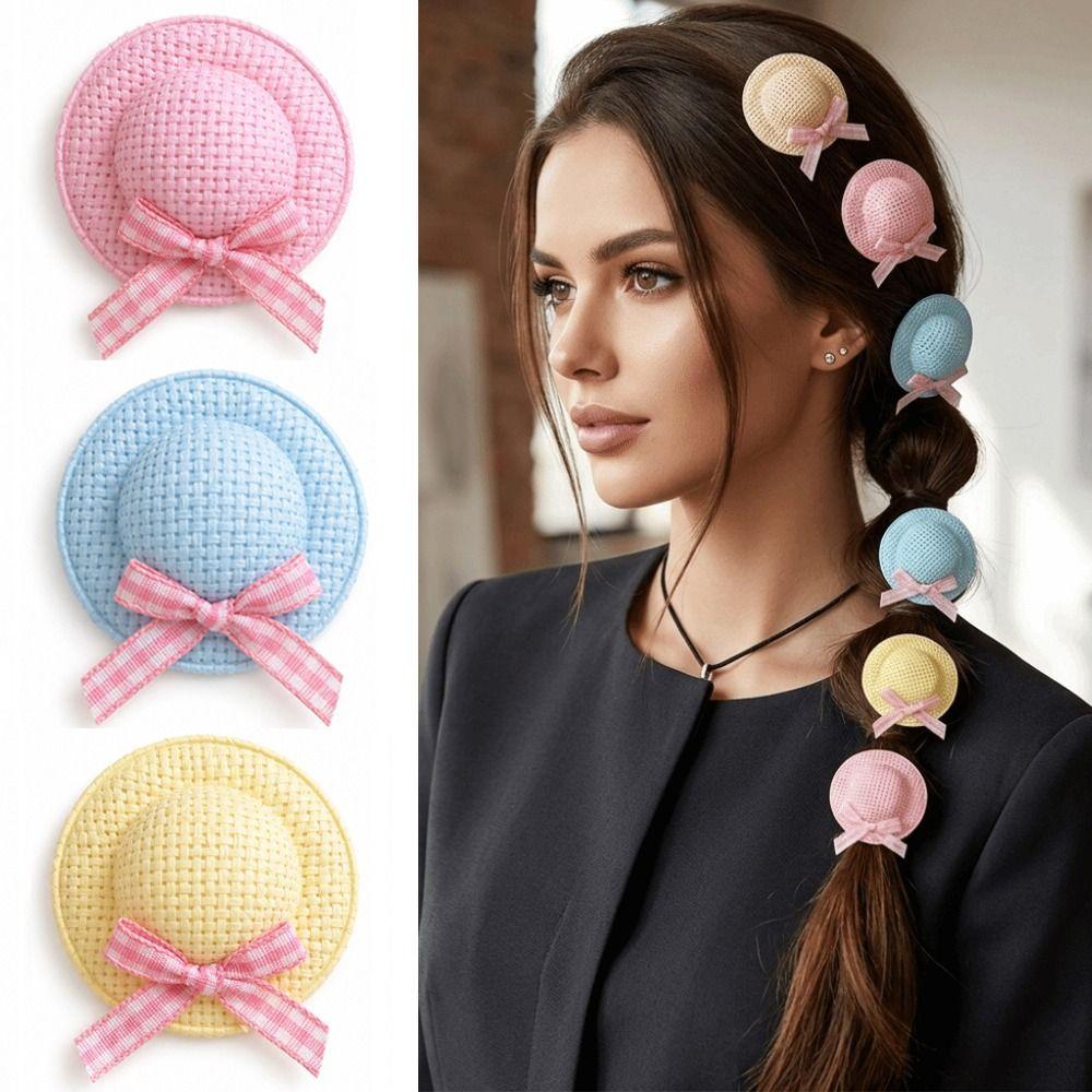 Handmade Straw Hat Hair Clip Butterfly Side Hair Clip Fashion Mini Straw Hat Barrettes  Party