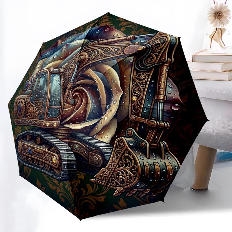 1pc Sturdy 8-Bone Auto Umbrella, Blue Balance Excavator Umbrella, Digital Printed, Foldable Umbrella for On-the-Go Outdoor Use