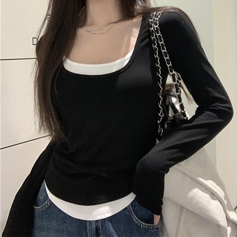 Women's Ribbed Cotton Slim Fit Two-Piece Look Long Sleeve Base Layer Top