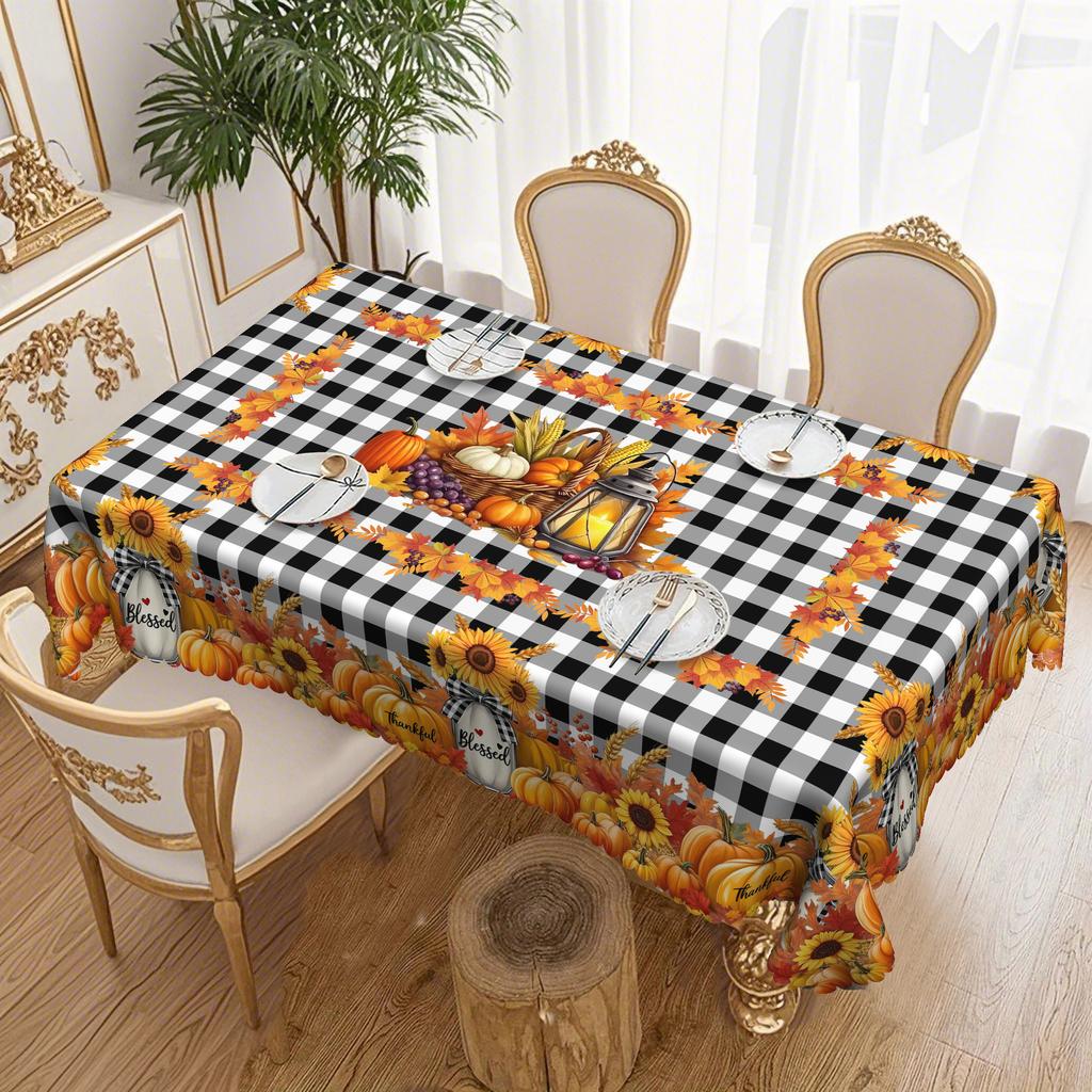 Autumn Harvest Tablecloth, Black And White Plaid And Pumpkin Sunflower Warm Matching Tablecloth