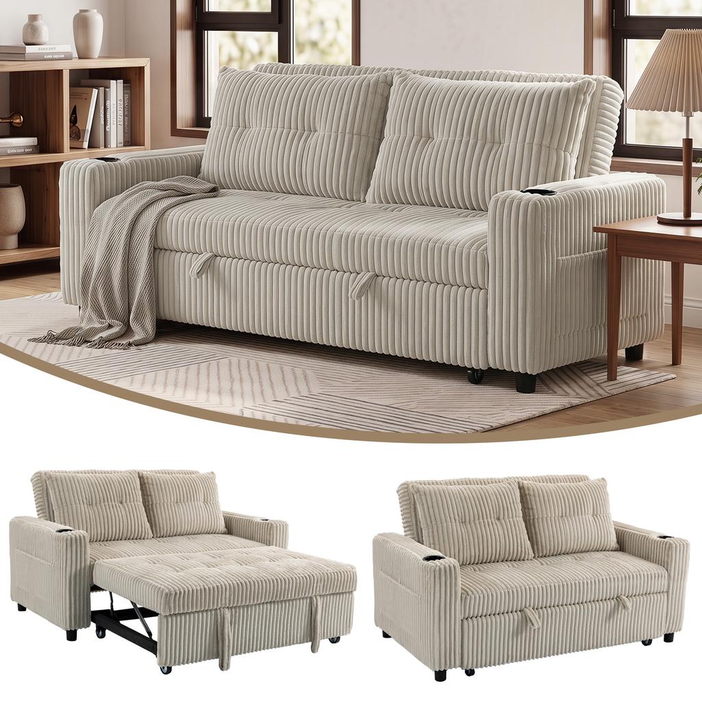 Corduroy Click Clack Sleeper Sofa with Pull Out Design, 2 Seater Sofa Bed, Cream White