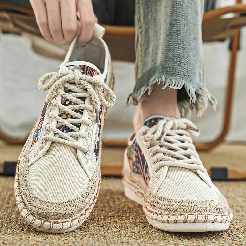 Fashion Black Printing Retro Style Sneakers Flat Espadrilles Men's Casual Shoes Comfortable Breathable Elegant Without Leather Male Shoe