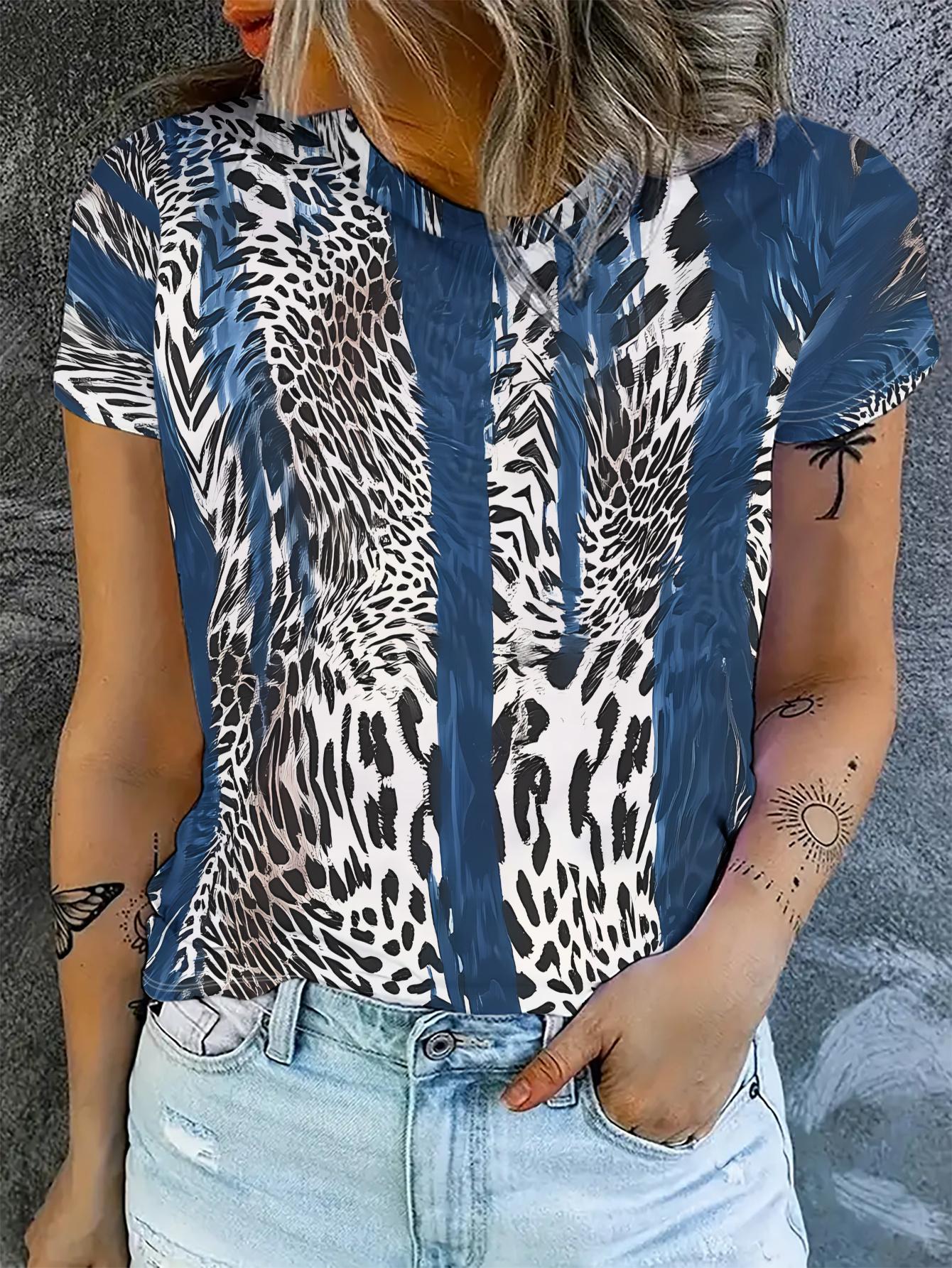 

[Printed Design - Not Textured] Women S Short-Sleeved Top. Blue with Leopard Print. Stylish And Unique 3XL дубильна кора