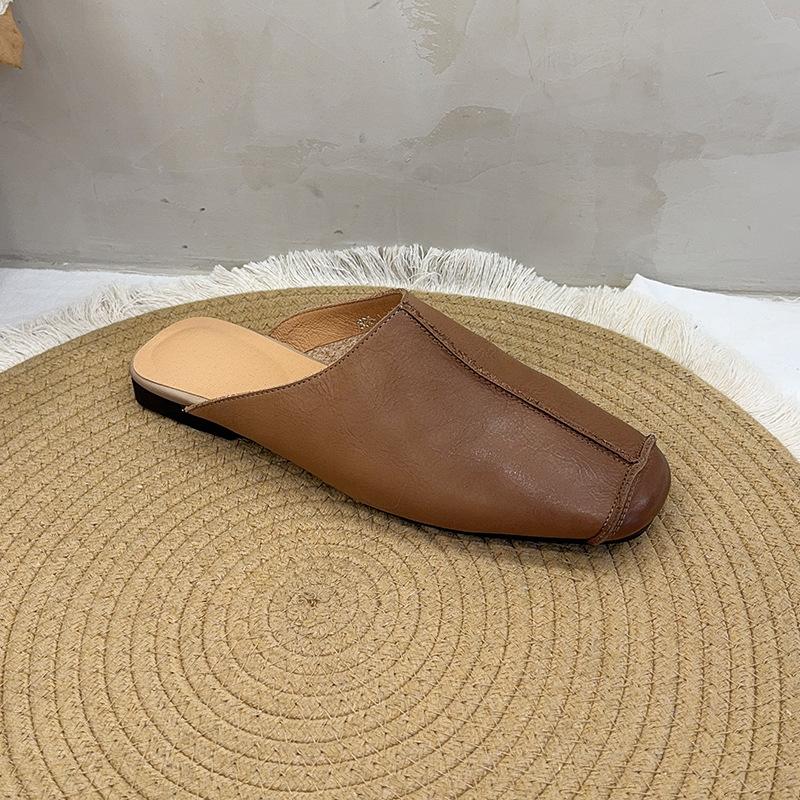 Johnature Retro Splicing Šití Ploché Pantofle Kulatá Špička Pravá Kůže Měkká Podrážka Jednobarevné Dámské Boty