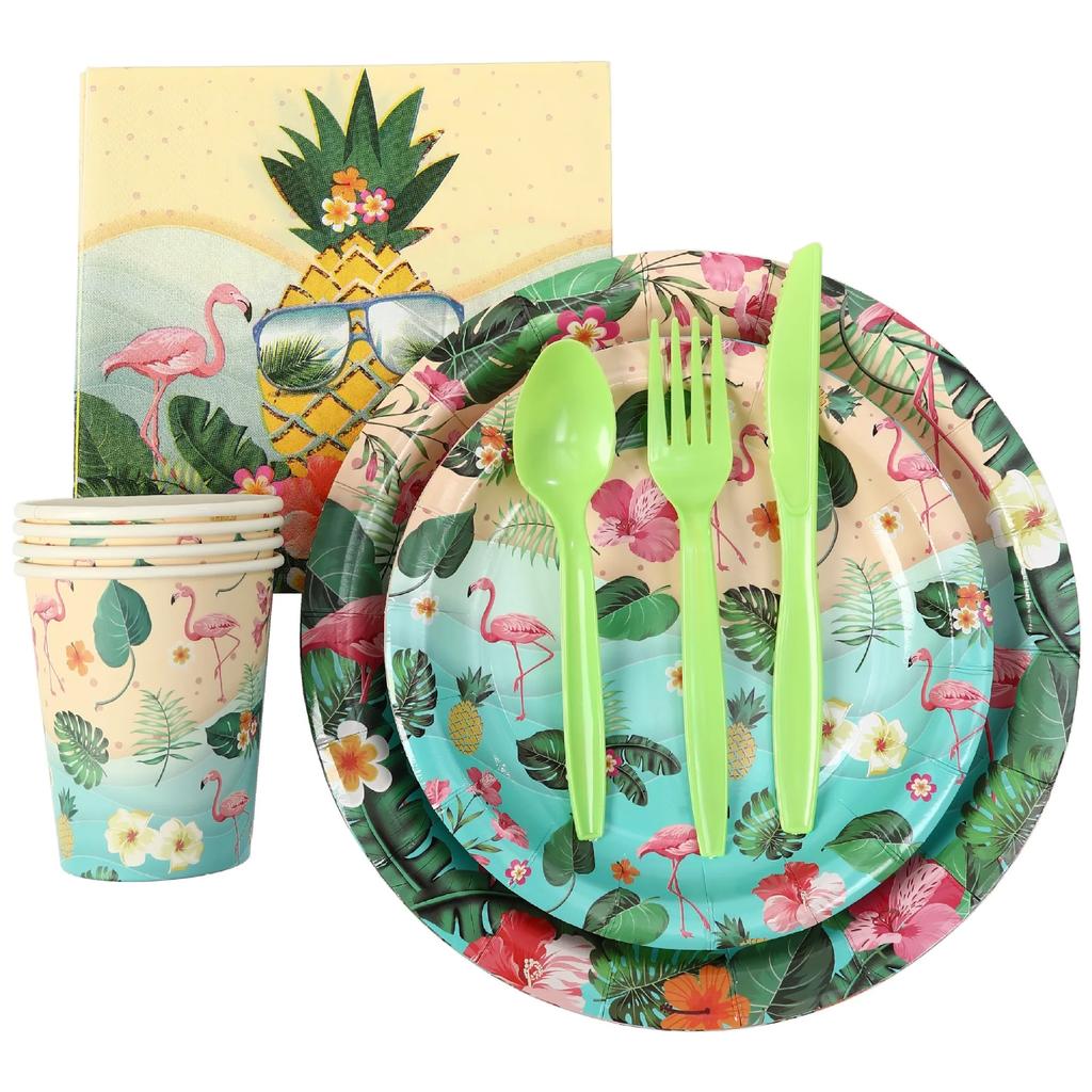 Hawaii Pineapple Disposable Tableware Summer Beach Party Supplies Pineapple Flamingo Plates Napkins Cup Hawaiian Party Decor